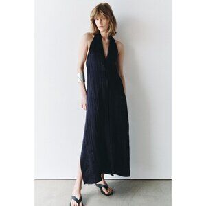 Zara Women Midi Dress S Navy Blue Halter Neck Satin Sleeveless 8304/162 NWT